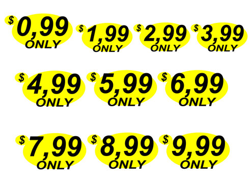 Discount sticker Template from 0,99 to 9,99, only. Vector, Sale, price tag.