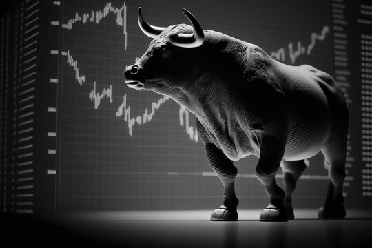 Illustration of a bull in front of a stock market graphic.Concept