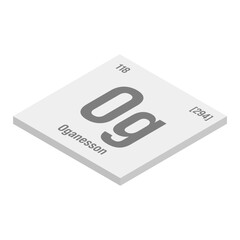 Oganesson, Og, gray 3D isometric illustration of periodic table element with name, symbol, atomic number and weight. Synthetic element with very short half-life, created through nuclear reactions in a
