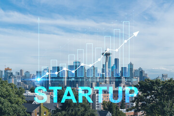 Obraz premium Seattle skyline panorama from Kerry Park. Skyscrapers of financial downtown at day time, Washington, USA. Startup company, launch project to seek and develop scalable business model, hologram