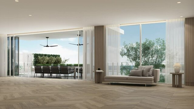 build a living room interior mock up and expensive with wood materials in a modern minimalist style with seating, furniture on wooden parquet floor and windows at the sea. 3d rendering animation loop