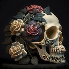 ivory carved skull inlaid with red roses on a black background