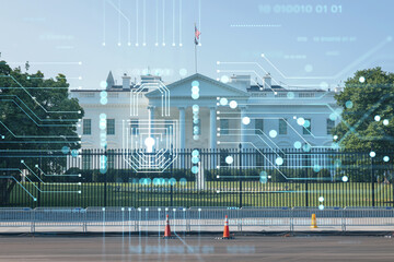The White House on sunny day, Washington DC, USA. Executive branch. President administration. The concept of cyber security to protect confidential information, padlock hologram - obrazy, fototapety, plakaty
