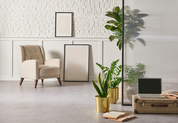 Modern home furniture design, gold vase of plant, retro old baggage and laptop style, white brick...