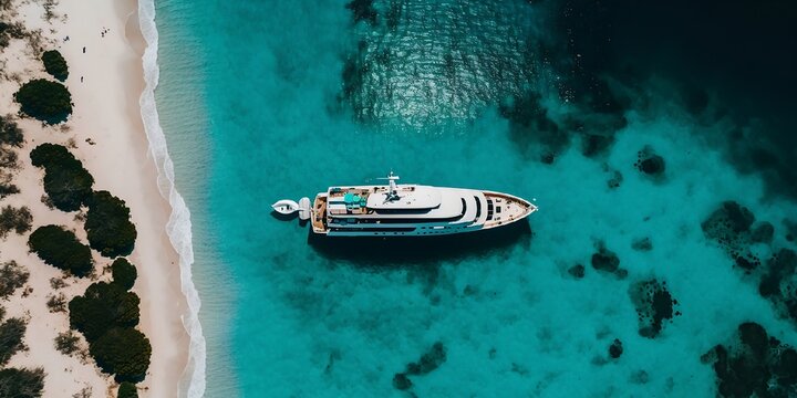yacht de luxe qui accoste sur une plage paradisiaque avec eaux turquoises et palmiers - vue a&eacute;rienne - illustration ia
