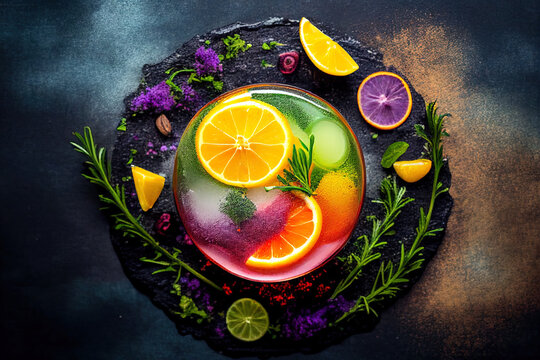 a close-up of a cocktail with fresh herbs and citrus created with Generative AI
