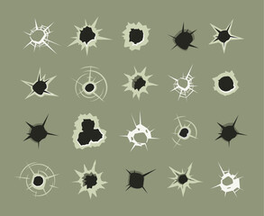 bullet holes. gunshot dots from shooting weapons shot destruction targets. Vector templates set - obrazy, fototapety, plakaty