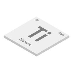 Titanium, Ti, gray 3D isometric illustration of periodic table element with name, symbol, atomic number and weight. Transition metal with various industrial uses, such as in aerospace, medical