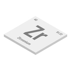 Zirconium, Zr, gray 3D isometric illustration of periodic table element with name, symbol, atomic number and weight. Transition metal with various industrial uses, such as in certain types of nuclear
