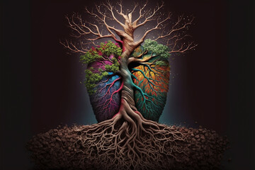 Obraz premium A beautiful illustration of the iconic Magic Tree of Life. Human hearts are colorful tree roots.