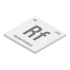 Rutherfordium, Rf, gray 3D isometric illustration of periodic table element with name, symbol, atomic number and weight. Synthetic element with no known commercial or industrial uses, but has been