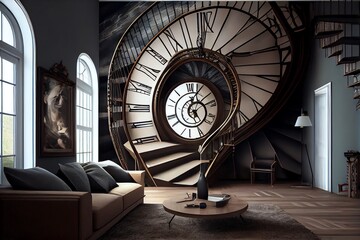 Fototapeta premium A Spiral Staircase In A Large Room With Bookshelves And A Clock On The Side Of The Wall And A Painting On The Wall. Generative AI