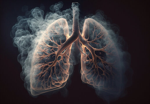 Lungs on the dark background full of black smoke, with advanced 3D rendering. Generative AI.