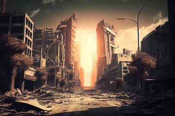 Apocalyptic View Of Destroyed City Buildings. Post Apocalypse After World War. Generative AI