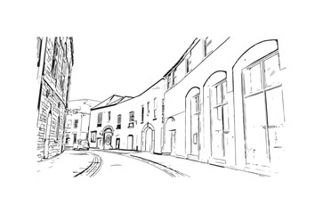 Building view with landmark of Plymouth is the 
city in England. Hand drawn sketch illustration in vector.