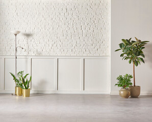 White classic and brick wall background concept, interior room, vase of green plant, black chair,...
