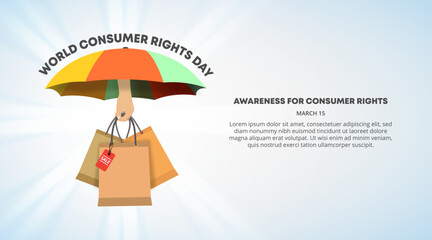 World consumer rights day background with hand holding shopping bag and umbrella - obrazy, fototapety, plakaty
