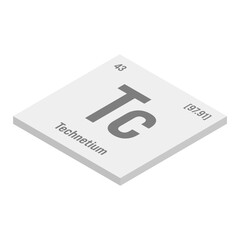 Technetium, Tc, gray 3D isometric illustration of periodic table element with name, symbol, atomic number and weight. Synthetic radioactive element with potential uses in scientific research and