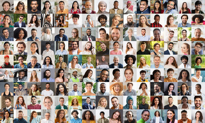 Mosaic of cheerful multiracial people different ages, collage - obrazy, fototapety, plakaty