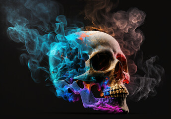 Fantasy human skull mockup on black background. Generative AI.