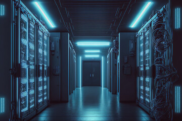Generative AI illustration of futuristic neon data center