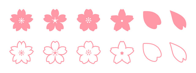 ピンク色の日本の桜、春のサクラの花びら、ベクターアイコンイラスト素材セット - obrazy, fototapety, plakaty