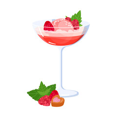 Alcohol cocktail of pink champagne with ice cream sorbet and raspberries isolated on white background. Valentines women romantic drink vector illustration. Summer party