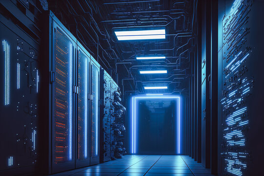 Generative AI illustration of futuristic neon data center