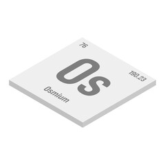 Osmium, Os, gray 3D isometric illustration of periodic table element with name, symbol, atomic number and weight. Transition metal with various industrial uses, such as in fountain pen tips