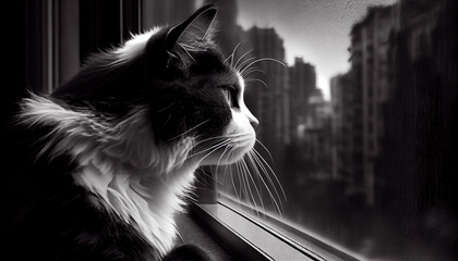 A black and white cat, sitting on the window, looking at the street generative AI