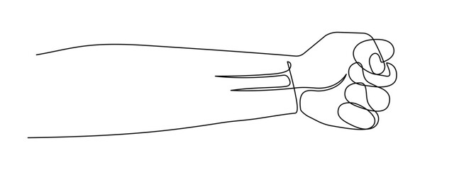 Continuous line drawing of hand with fist. One line drawing background. Vector illustration. Linear drawing of a male fist