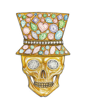 Art fancy gems mix gold skull. Hand drawing and painting on paper.