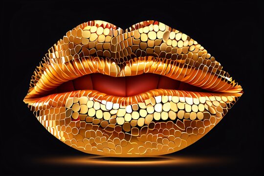 Golden Lips. Lipstick. Shiny Letters. Stock Illustration Cosmetic Advertising. Generative AI