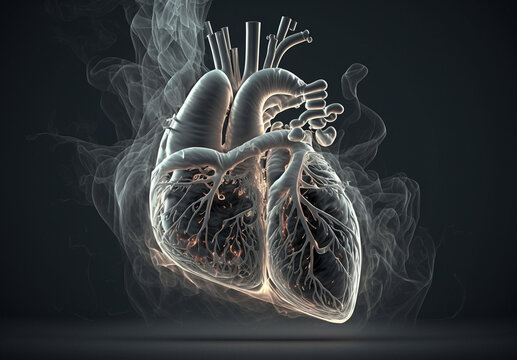 Heart on the dark background full of black smoke, with advanced 3D rendering. Generative AI.