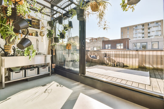 Terrace of modern apartment in sunlight