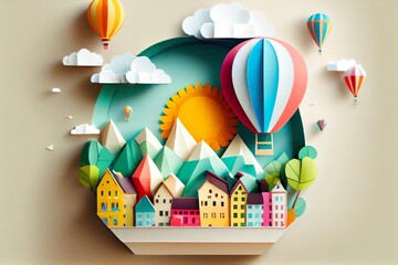 Fototapeta premium Hot Air Balloon Over City. Paper Craft Art Or Origami Style For Baby Nursery. Children Design. Generative AI