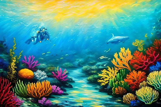 An expensive oil painting illustration of a beautiful underwater
