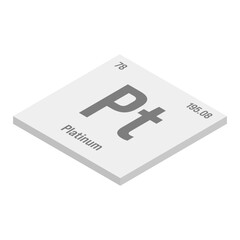 Platinum, Pt, gray 3D isometric illustration of periodic table element with name, symbol, atomic number and weight. Transition metal with various industrial uses, such as in jewelry, catalytic