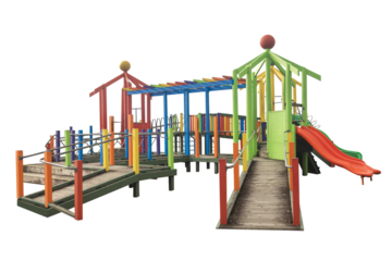 Cutout of an isolated colorful children's wooden playground structure with the transparent png

