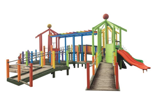 Cutout of an isolated colorful children's wooden playground structure with the transparent png
