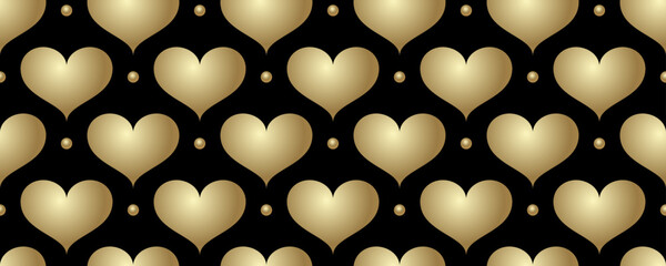 Gold hearts and black background. Seamless vector romantic pattern for wrapping paper, cover design, postcard, poster, flyers, card. Endless luxury ornament. Template for design. Valentines.
