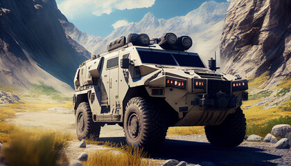 Fototapeta premium Army lorry truck car on mountain highway