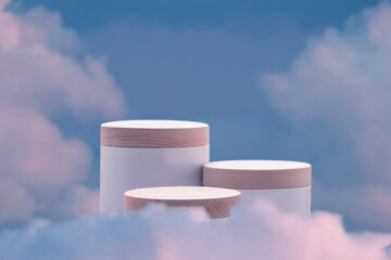 Surreal podium outdoor on beautiful blue sky pink pastel cloud with empty space background.Beauty...