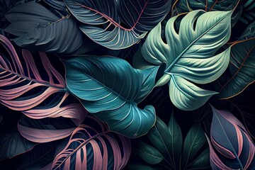 Plant Leaves Background. Floral Tropical Pattern For Wallpaper. . Generative AI