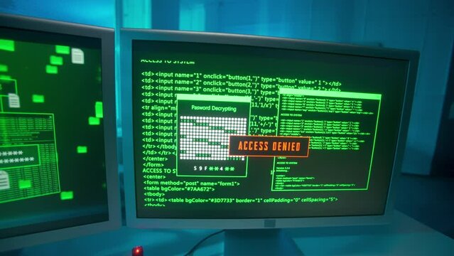 Hacker stretching hands in black gloves and typing on a computer keyboard, hacking password. Computer screen with green program codes. The guard shines a flashlight and arrests the spy. POV. Close up.