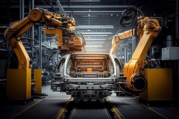 Splendid Of Automotive Industry With Assembly Line Conveyors. Advance Modern High-Tech Vehicle Assembly Plant. Robotic Arm Welding Bodywork. Car Frame. Generative AI