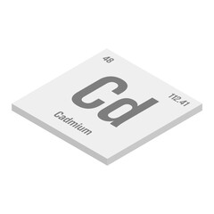Cadmium, Cd, gray 3D isometric illustration of periodic table element with name, symbol, atomic number and weight. Heavy metal with limited industrial uses due to its toxicity, but commonly used in