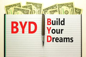 BYD build your dreams symbol. Concept words BYD build your dreams on white note on a beautiful background from dollar bills. Pen. Business and BYD build your dreams concept. Copy space.
