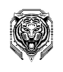 Tiger roaring vector illustration black and white style