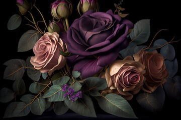 Vintage Classic Deep Violet Rose Bouquet On Dark Background. Generative AI